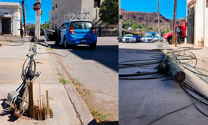 Trailer derriba dos postes de Telmex en el Centro de Guaymas