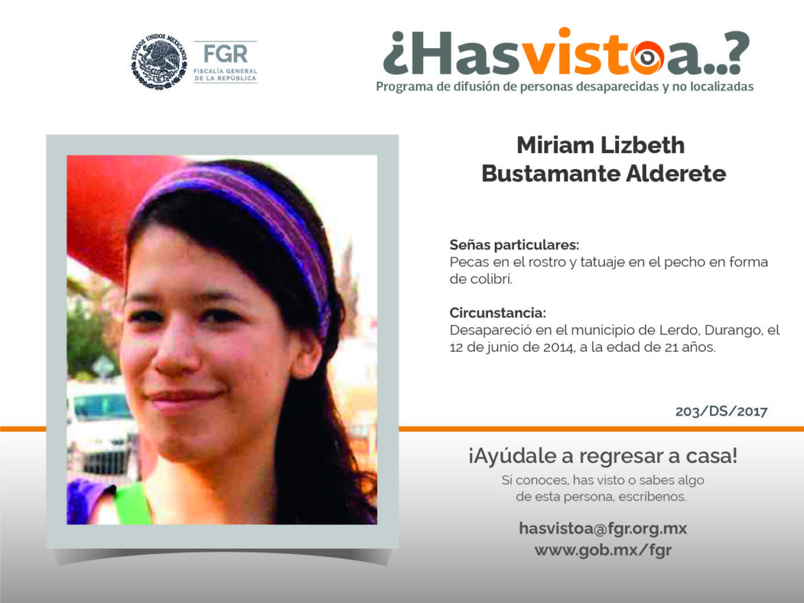 ¿Has visto a: Miriam Lizbeth Bustamante Alderete?