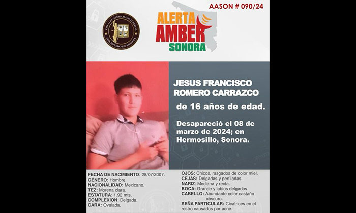 Importante: Alerta Amber Sonora para localizar a Jesús Francisco Romero Carrazco