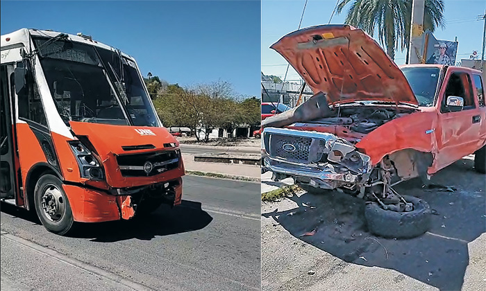 Embiste camión urbano a pickup en la colonia Coloso Bajo
