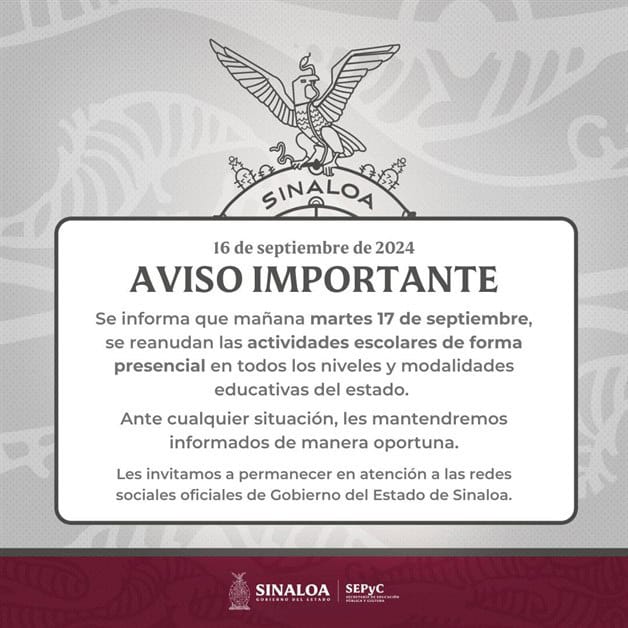 Tras violencia y ciclón Ileana, Sinaloa reanuda clases este 17 de septiembre