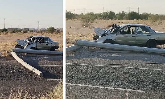 Derriba auto dos postes de concreto en el bulevar Quiroga y Camino del Seri