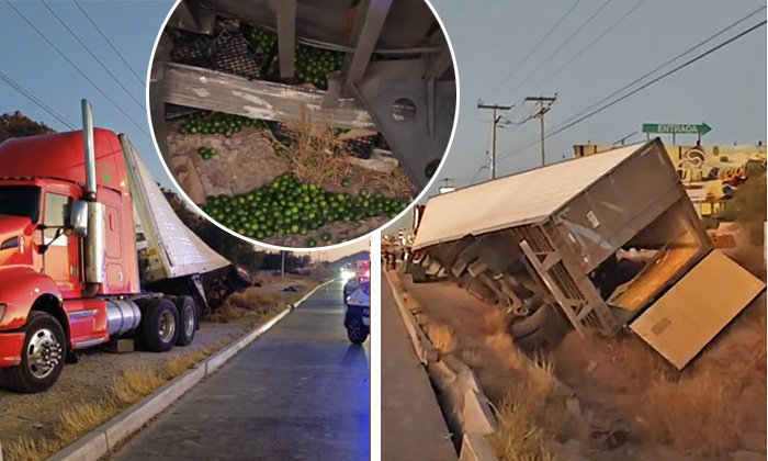 Vuelca tráiler cargado con limones en la entrada sur de la ciudad