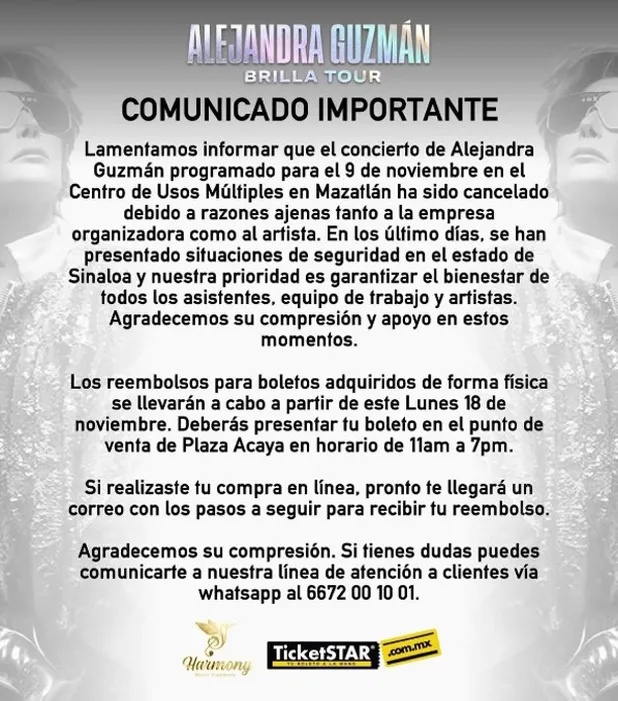 Alejandra Guzmán cancela su concierto en Mazatlán por motivos de seguridad