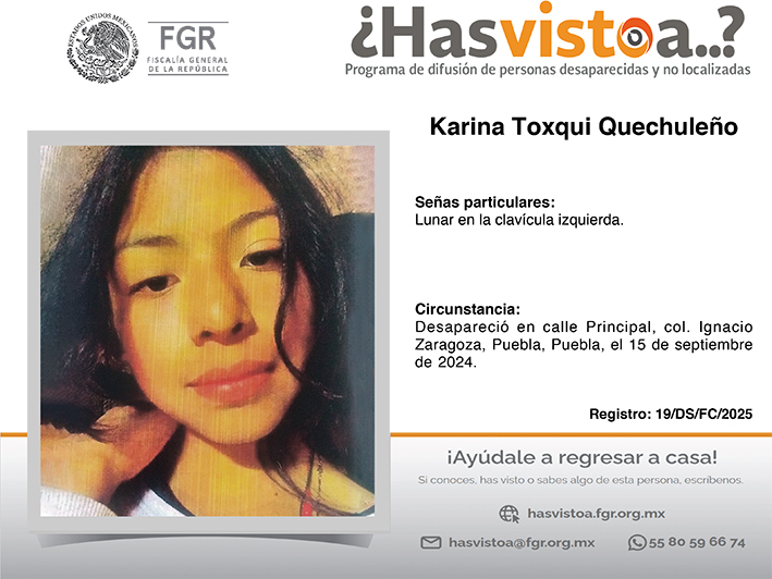 ¿Has visto a: Karina Toxqui Quechuleño?