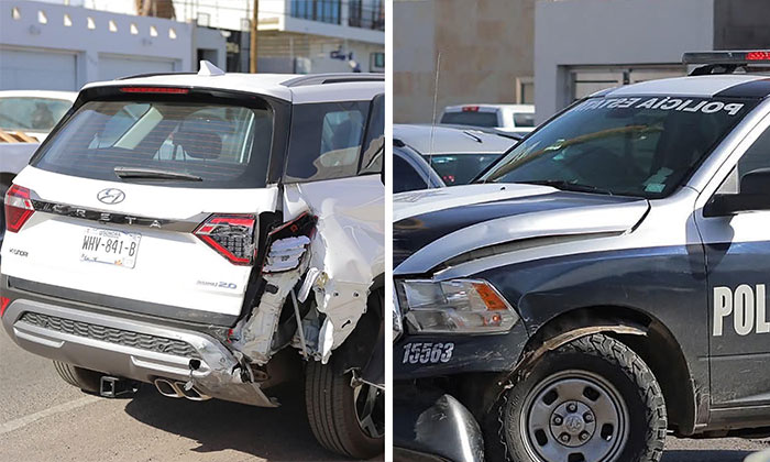 Se impactan patrulla y camioneta en la colonia Centenario