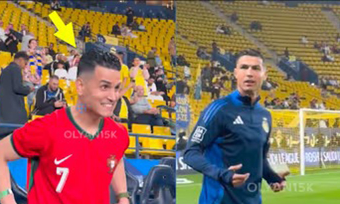 Cristiano Ronaldo grita a su ‘doble’ durante el calentamiento del Al-Nassr
