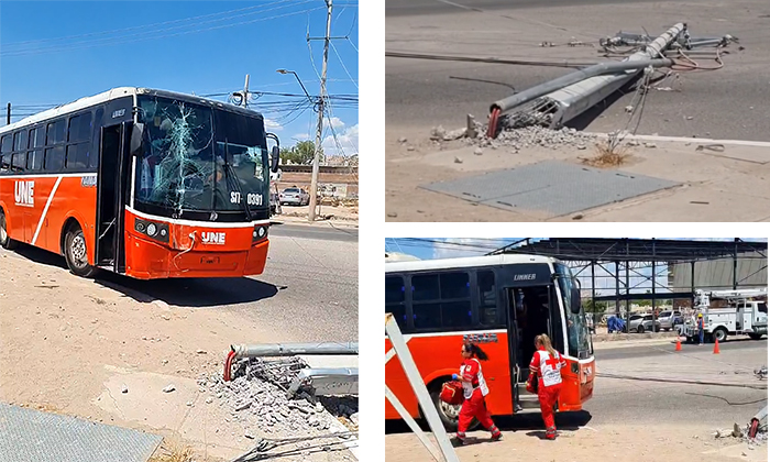 Derriba camión urbano poste de CFE tras sufrir embolia el conductor