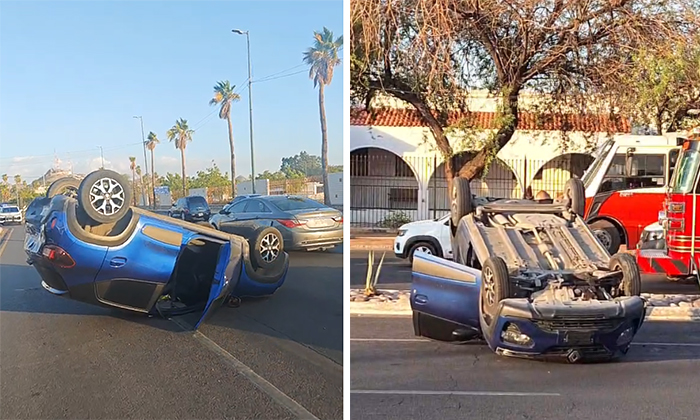 Vuelca automóvil en pleno bulevar en la colonia San Benito