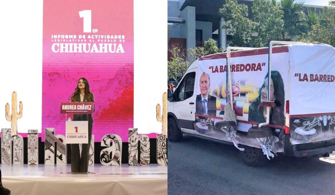 Protestas y Lonas de “La Barredora” Acompañaron el Informe de la Senadora Andrea Chávez en Chihuahua