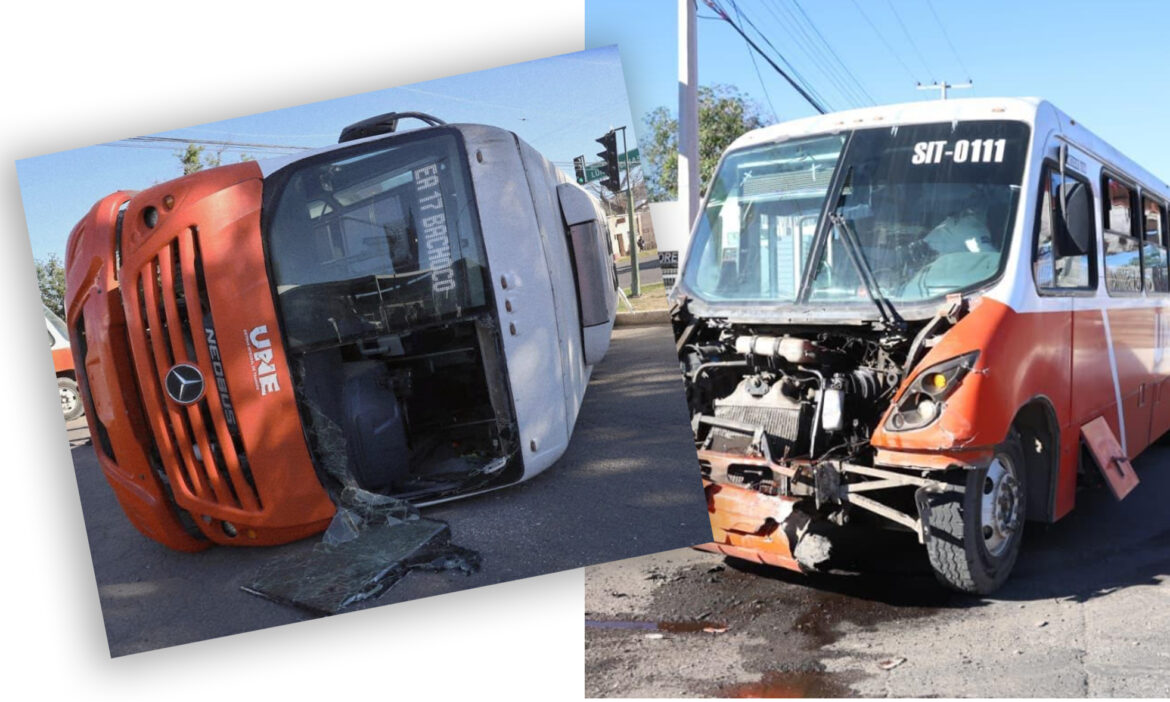 Choque de camiones deja uno volcado en pleno Centro de Hermosillo