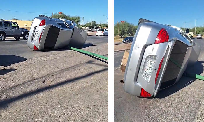 Vuelca auto y derriba poste en el bulevar Camino del Seri
