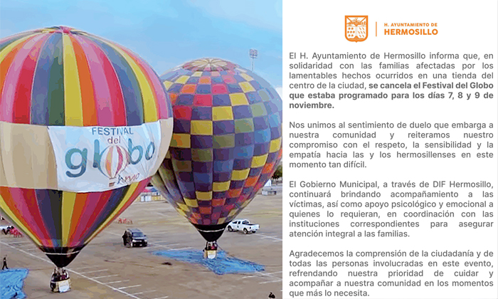 Suspenden por duelo Festival del Globo; El Ayuntamiento de Hermosillo