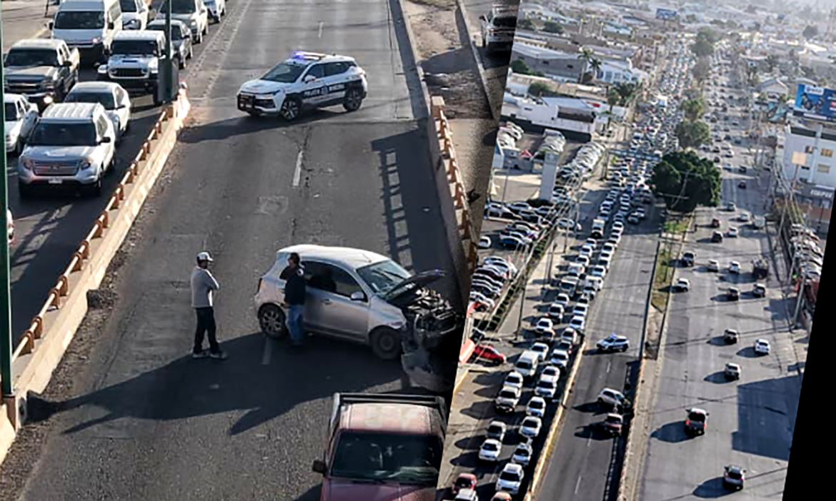 Causa choque enorme caos vial en el distribuidor vial de los bulevares Encinas y Solidaridad