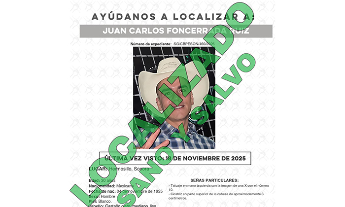 Localiza con vida a reportado como desaparecido; Fiscalía de Sonora