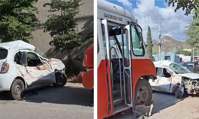 Choca auto contra camión urbano en el fraccionamiento Los Ángeles