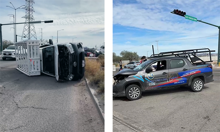 Choque deja un pick up volcado en el cruce de los bulevares Antonio Quiroga y Francisco Serna