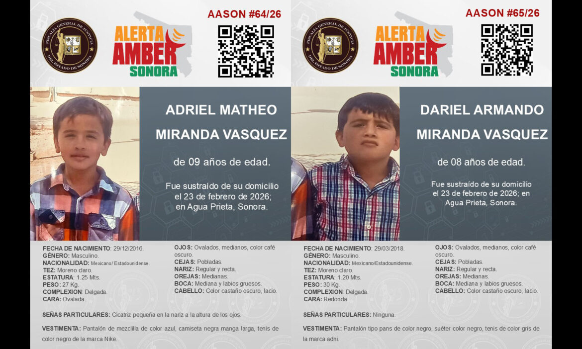 Buscan a hermanitos sustraídos en Agua Prieta; emiten Alerta Amber