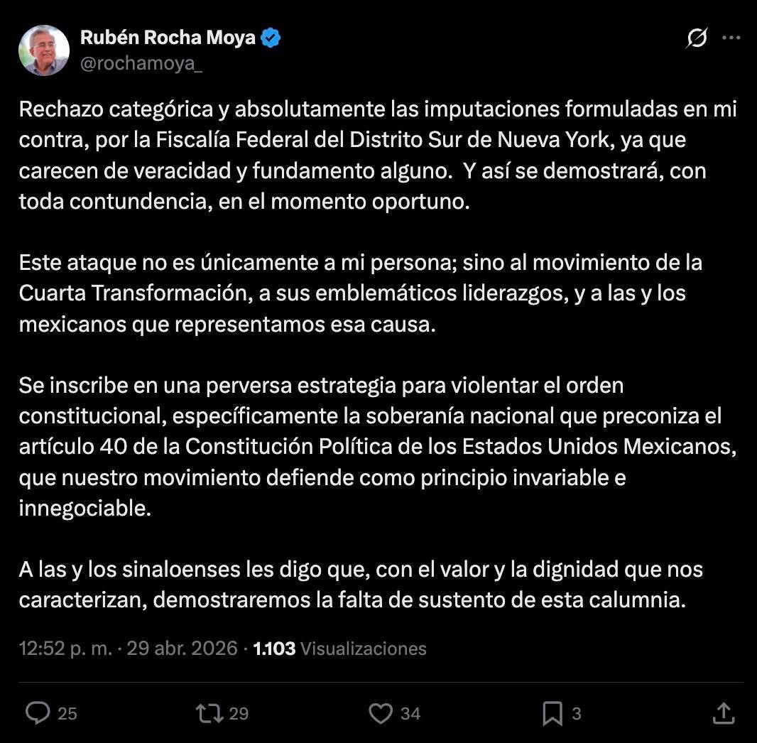 Rechazo categórico del gobernador Rubén Rocha Moya ante señalamientos judiciales por parte de Estados Unidos