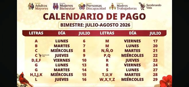 Publican calendario de pagos de la Pensión Bienestar para el bimestre julio-agosto