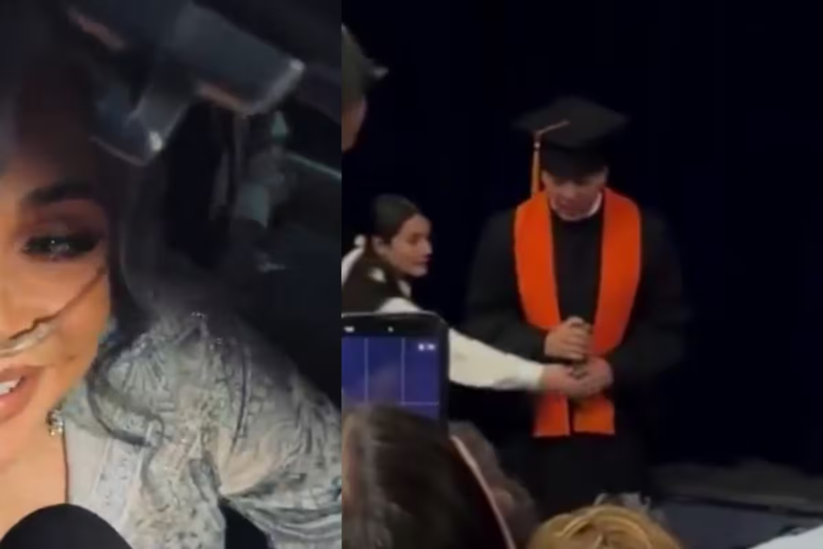 Verónica Castro acompaña con oxígeno a Cristian en su graduación