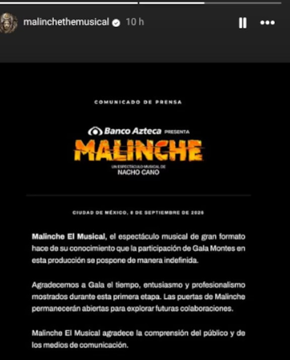 Gala Montes queda fuera de Malinche El Musical tras su salida de LCDLF