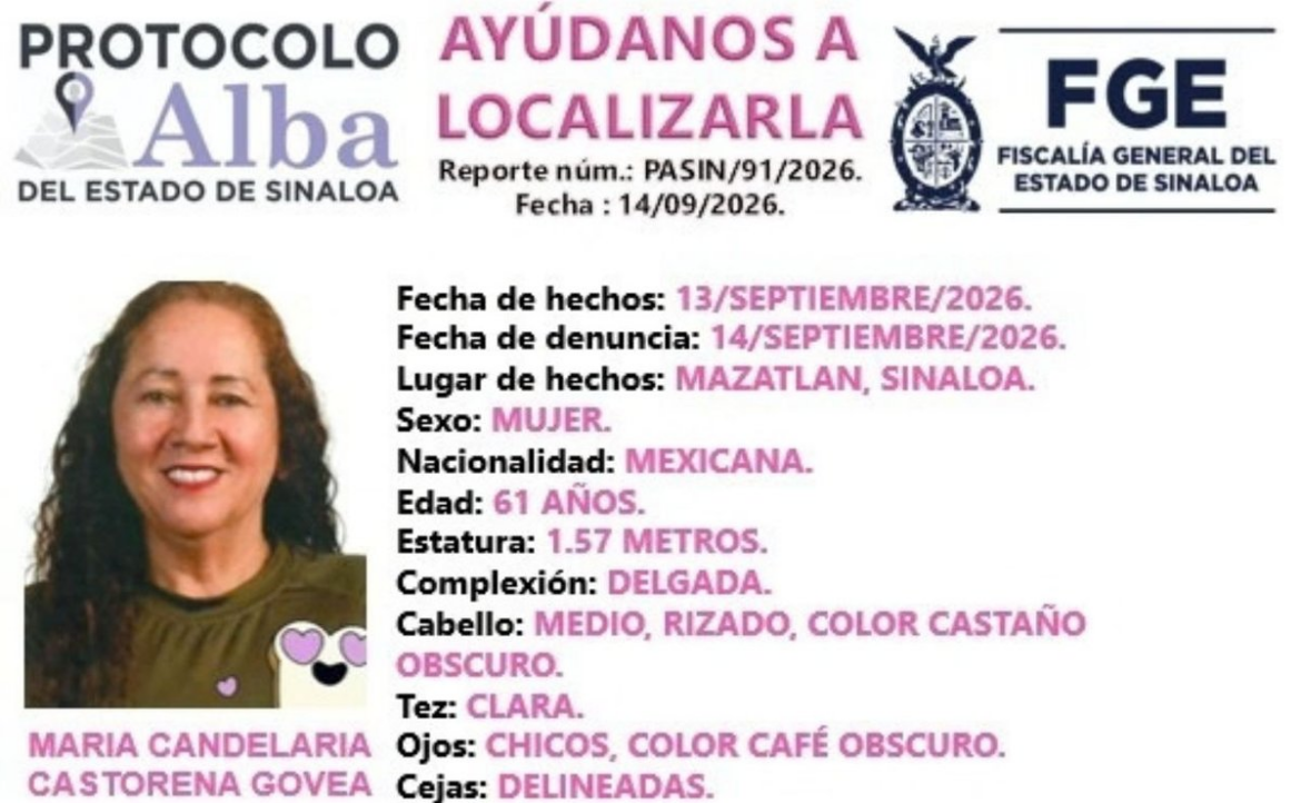 Activan Alerta Alba para localizar a María Candelaria Castorena, ex candidata del PVEM en Mazatlán