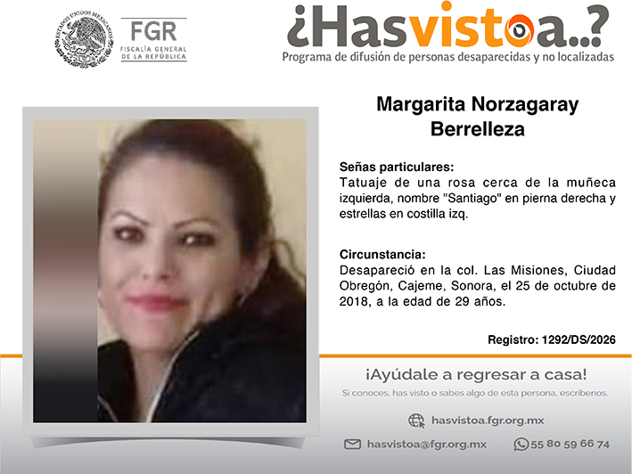 ¿Has visto a: Margarita Norzagaray Berrelleza?
