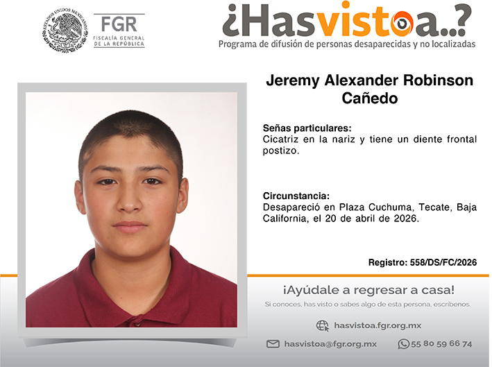 ¿Has visto a: Jeremy Alexander Robinson Cañedo?