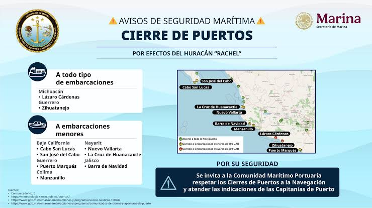 Marina cierra nueve puertos por efectos del huracán Rachel, ¿cuáles son?